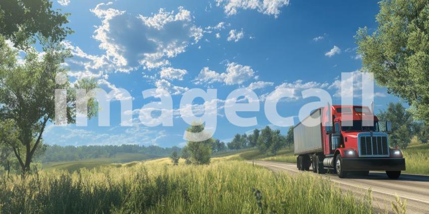 A Road Less Traveled: A lone red truck traverses a vast, open landscape, its journey paralleled by a dramatic sky filled with billowing clouds