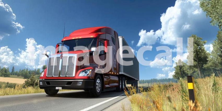 A Road Less Traveled: A lone red truck traverses a vast, open landscape, its journey paralleled by a dramatic sky filled with billowing clouds
