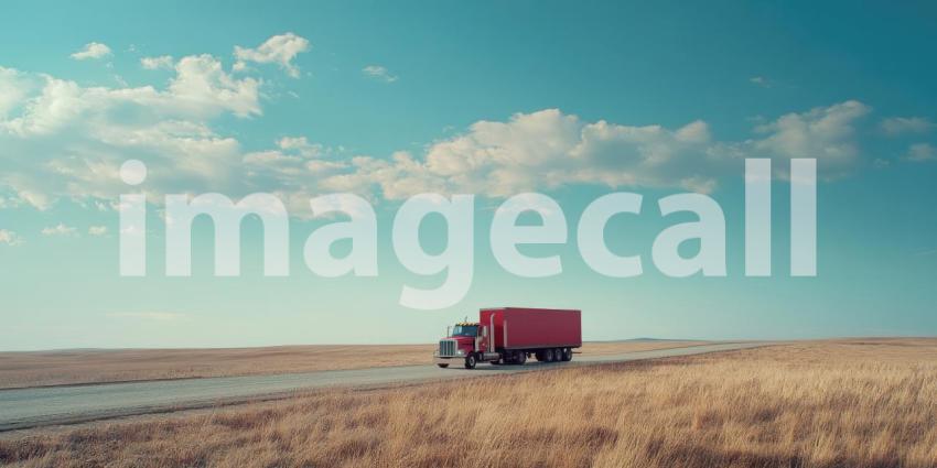 A Road Less Traveled: A lone red truck traverses a vast, open landscape, its journey paralleled by a dramatic sky filled with billowing clouds
