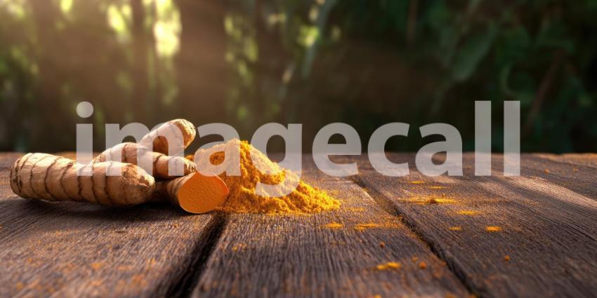A Golden Treasure: Vibrant turmeric roots and a mound of golden powder, showcased against a rustic wooden backdrop, highlight the rich hues and potential benefits of this ancient spice
