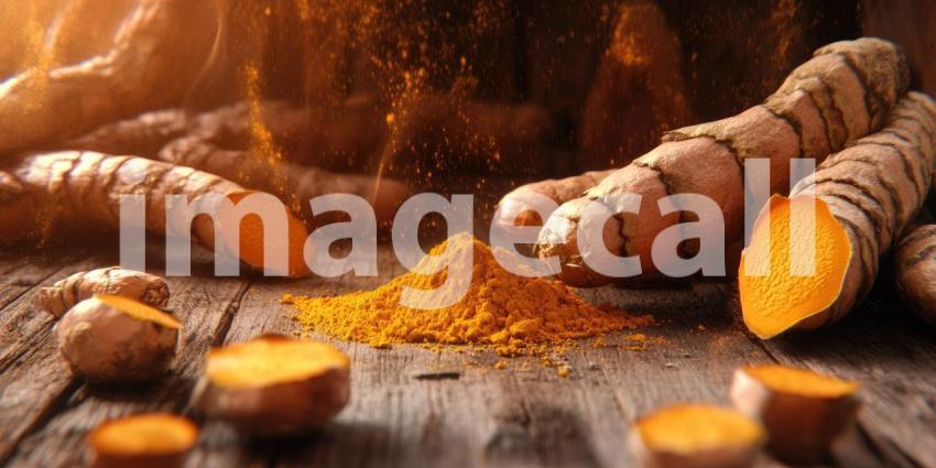 A Golden Treasure: Vibrant turmeric roots and a mound of golden powder, showcased against a rustic wooden backdrop, highlight the rich hues and potential benefits of this ancient spice