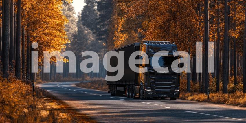 Autumnal Odyssey: A crimson truck, a beacon of industry, navigates through a forest ablaze with autumnal colors, embarking on a journey through the changing seasons