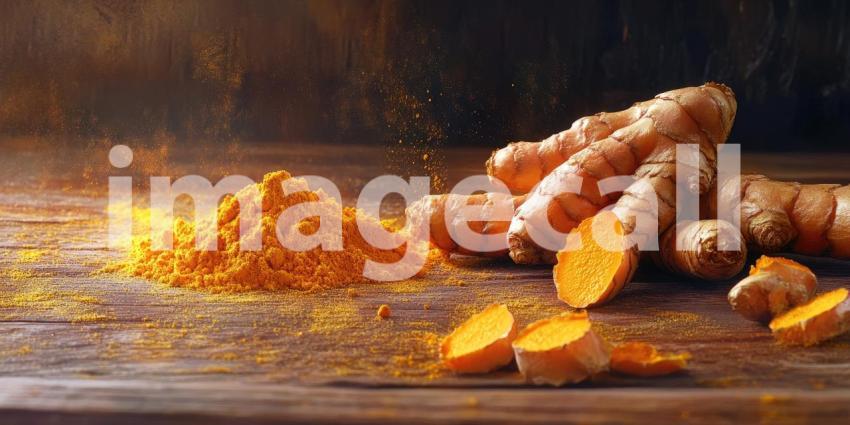 A Golden Treasure: Vibrant turmeric roots and a mound of golden powder, showcased against a rustic wooden backdrop, highlight the rich hues and potential benefits of this ancient spice
