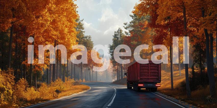 Autumnal Odyssey: A crimson truck, a beacon of industry, navigates through a forest ablaze with autumnal colors, embarking on a journey through the changing seasons