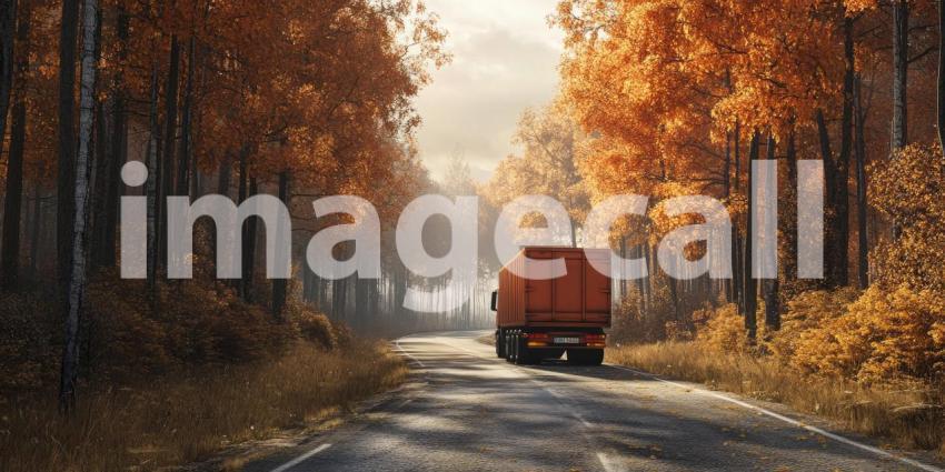 Autumnal Odyssey: A crimson truck, a beacon of industry, navigates through a forest ablaze with autumnal colors, embarking on a journey through the changing seasons