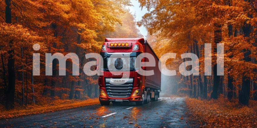 Autumnal Odyssey: A crimson truck, a beacon of industry, navigates through a forest ablaze with autumnal colors, embarking on a journey through the changing seasons