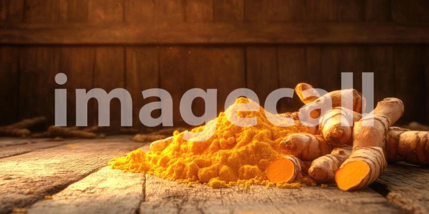 A Golden Treasure: Vibrant turmeric roots and a mound of golden powder, showcased against a rustic wooden backdrop, highlight the rich hues and potential benefits of this ancient spice