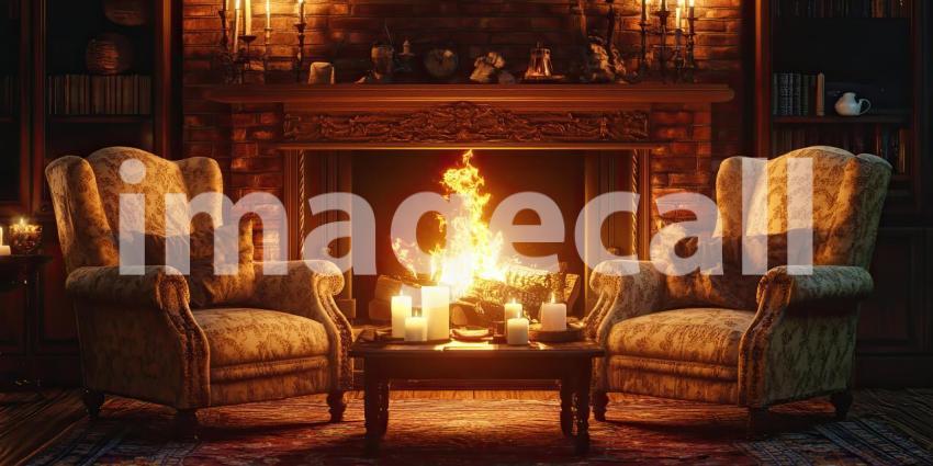 Fireside Comfort: Two plush armchairs flank a crackling fireplace, illuminated by a warm glow of candles, inviting a moment of relaxation and cozy conversation