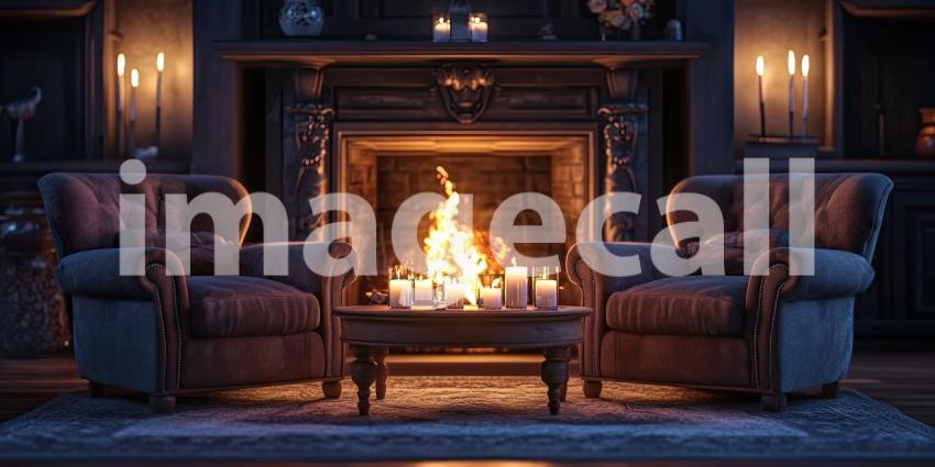 Fireside Comfort: Two plush armchairs flank a crackling fireplace, illuminated by a warm glow of candles, inviting a moment of relaxation and cozy conversation