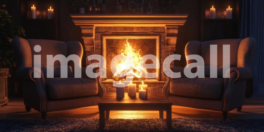 Fireside Comfort: Two plush armchairs flank a crackling fireplace, illuminated by a warm glow of candles, inviting a moment of relaxation and cozy conversation
