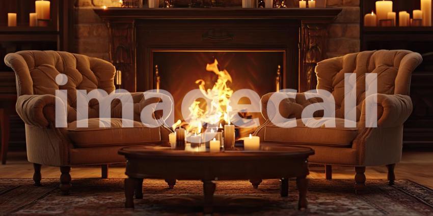 Fireside Comfort: Two plush armchairs flank a crackling fireplace, illuminated by a warm glow of candles, inviting a moment of relaxation and cozy conversation
