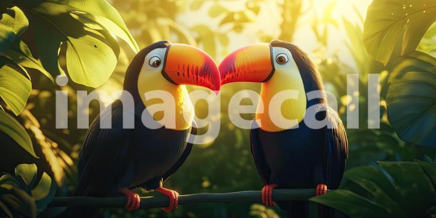 A Toucan Rendezvous: Two vibrant toucans, with their iconic beaks, share a moment on a moss-covered branch, amidst a lush tropical setting