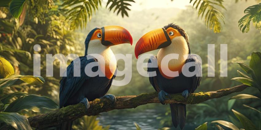 A Toucan Rendezvous: Two vibrant toucans, with their iconic beaks, share a moment on a moss-covered branch, amidst a lush tropical setting