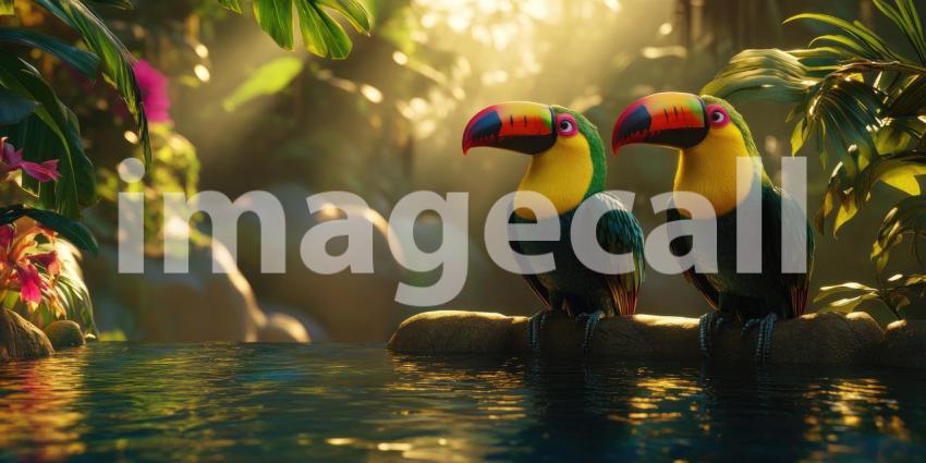 A Toucan Rendezvous: Two vibrant toucans, with their iconic beaks, share a moment on a moss-covered branch, amidst a lush tropical setting