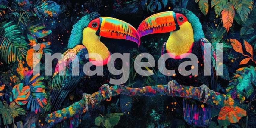 A Toucan Rendezvous: Two vibrant toucans, with their iconic beaks, share a moment on a moss-covered branch, amidst a lush tropical setting