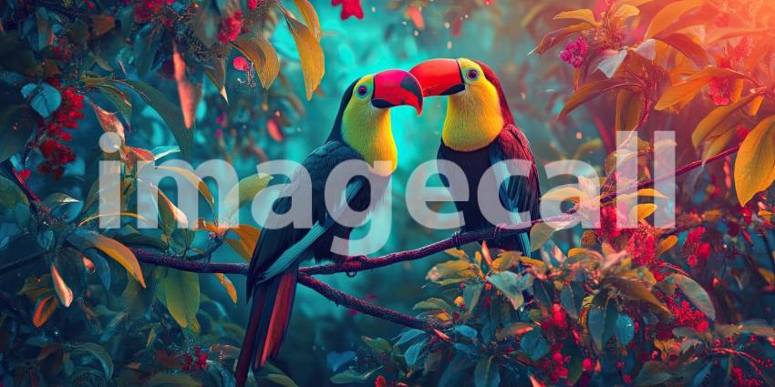 A Toucan Rendezvous: Two vibrant toucans, with their iconic beaks, share a moment on a moss-covered branch, amidst a lush tropical setting