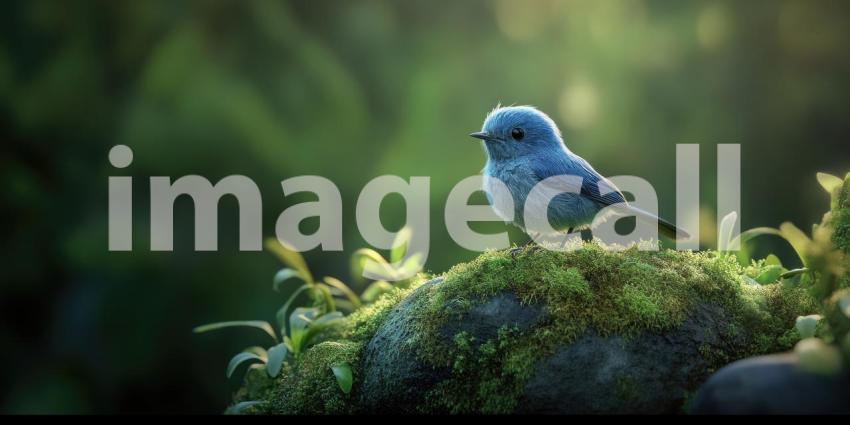 A Moment of Tranquility: A vibrant bluebird, perched atop a moss-covered rock, surveys its surroundings, embodying the tranquility of the natural world