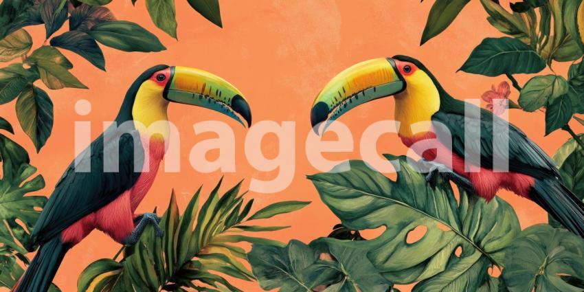 A Toucan Rendezvous: Two vibrant toucans, with their iconic beaks, share a moment on a moss-covered branch, amidst a lush tropical setting