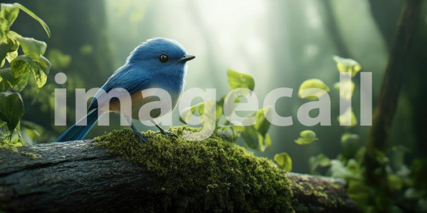 A Moment of Tranquility: A vibrant bluebird, perched atop a moss-covered rock, surveys its surroundings, embodying the tranquility of the natural world