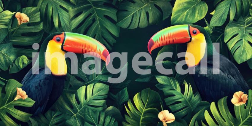 A Toucan Rendezvous: Two vibrant toucans, with their iconic beaks, share a moment on a moss-covered branch, amidst a lush tropical setting