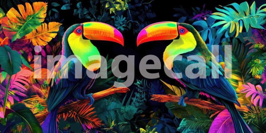 A Toucan Rendezvous: Two vibrant toucans, with their iconic beaks, share a moment on a moss-covered branch, amidst a lush tropical setting
