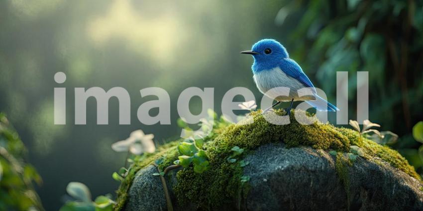 A Moment of Tranquility: A vibrant bluebird, perched atop a moss-covered rock, surveys its surroundings, embodying the tranquility of the natural world