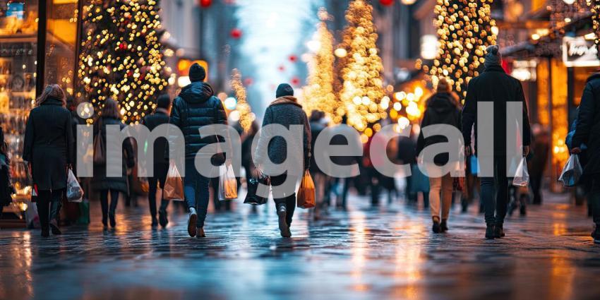 Festive City Street Scene with Falling Snow and Holiday Decorations Amidst Busy Shoppers