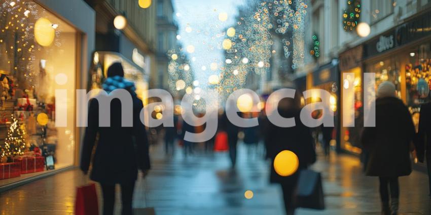 Festive City Street Scene with Falling Snow and Holiday Decorations Amidst Busy Shoppers