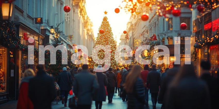 Festive City Street Scene with Falling Snow and Holiday Decorations Amidst Busy Shoppers