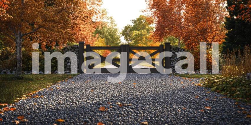 A Path Through Autumn: A gravel driveway, flanked by vibrant foliage and a rustic wooden gate, beckons the traveler into a world of autumnal beauty