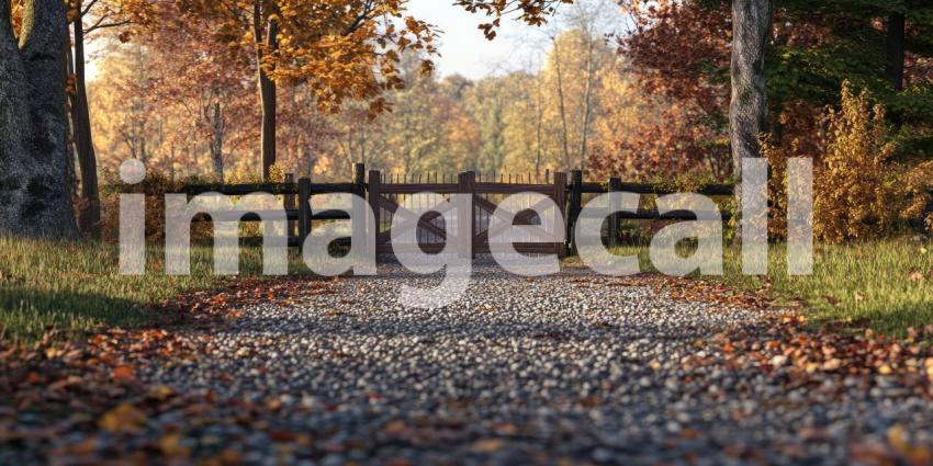 A Path Through Autumn: A gravel driveway, flanked by vibrant foliage and a rustic wooden gate, beckons the traveler into a world of autumnal beauty