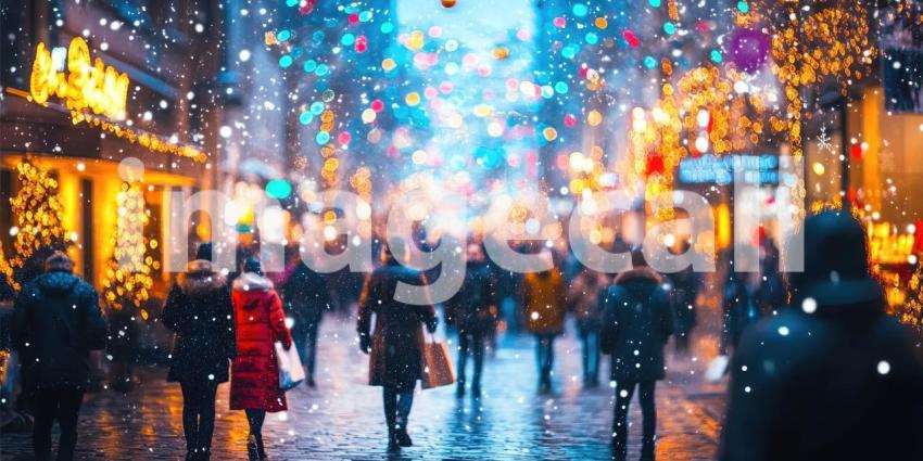 Festive City Street Scene with Falling Snow and Holiday Decorations Amidst Busy Shoppers