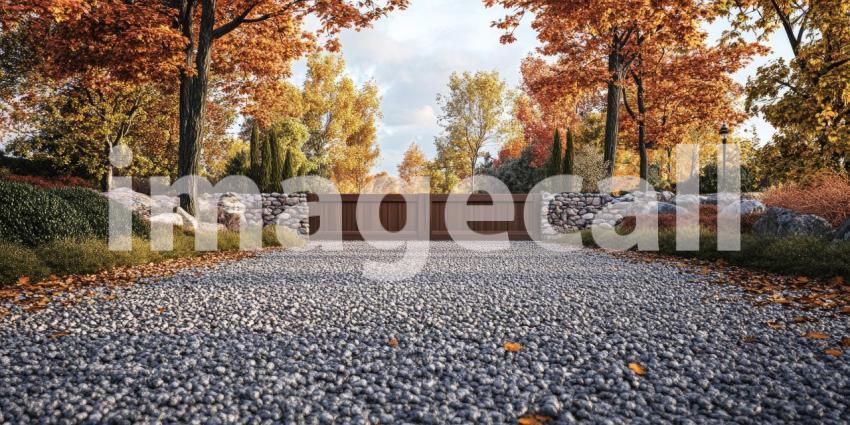 A Path Through Autumn: A gravel driveway, flanked by vibrant foliage and a rustic wooden gate, beckons the traveler into a world of autumnal beauty