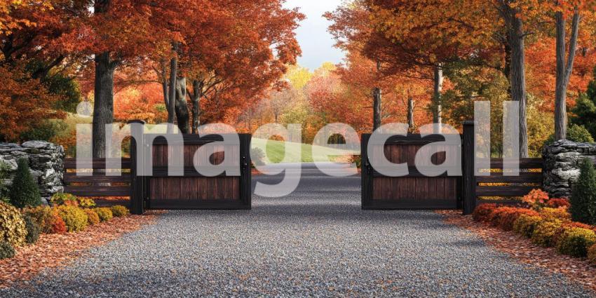 A Path Through Autumn: A gravel driveway, flanked by vibrant foliage and a rustic wooden gate, beckons the traveler into a world of autumnal beauty
