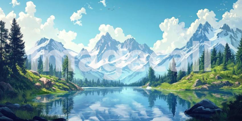 A Tapestry of Peaks: A breathtaking panorama of snow-capped mountains, verdant valleys, and crystal-clear lakes, bathed in the warm glow of the sun