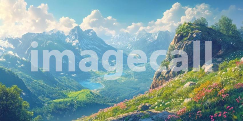 A Tapestry of Peaks: A breathtaking panorama of snow-capped mountains, verdant valleys, and crystal-clear lakes, bathed in the warm glow of the sun