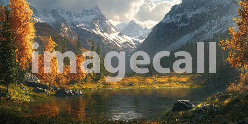 A Tapestry of Peaks: A breathtaking panorama of snow-capped mountains, verdant valleys, and crystal-clear lakes, bathed in the warm glow of the sun