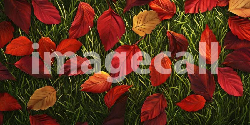 Autumns Embrace: A vibrant tapestry of fallen leaves, in shades of orange, red, and gold, creates a picturesque frame around a lush green lawn