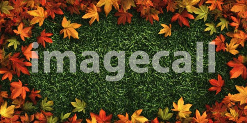 Autumns Embrace: A vibrant tapestry of fallen leaves, in shades of orange, red, and gold, creates a picturesque frame around a lush green lawn