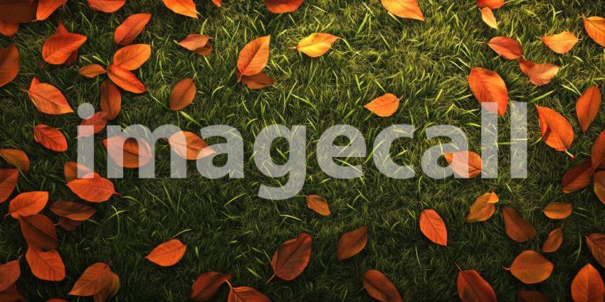 Autumns Embrace: A vibrant tapestry of fallen leaves, in shades of orange, red, and gold, creates a picturesque frame around a lush green lawn