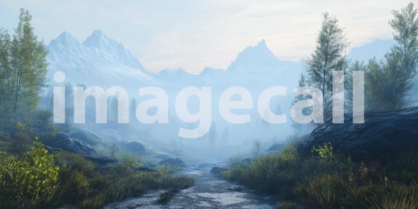 A Misty Enchantment: A winding path leads through a mystical landscape, where towering snow-capped mountains loom through a veil of mist, creating a scene of otherworldly beauty