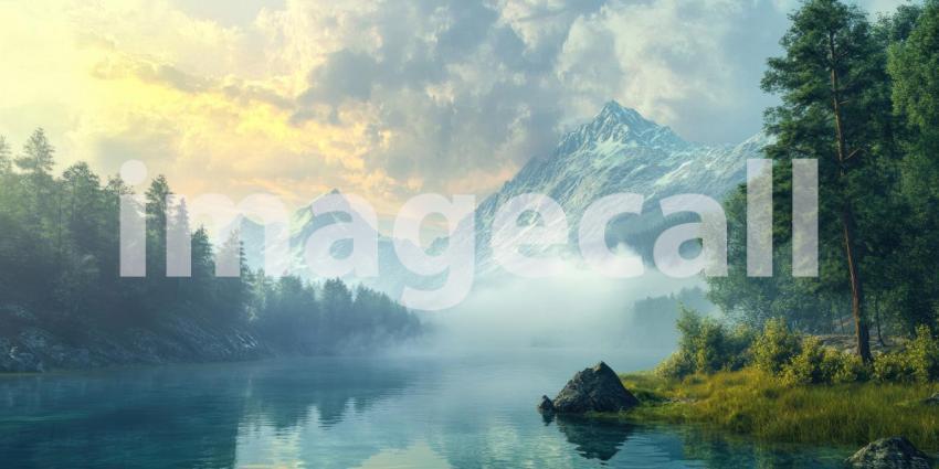 A Misty Enchantment: A winding path leads through a mystical landscape, where towering snow-capped mountains loom through a veil of mist, creating a scene of otherworldly beauty