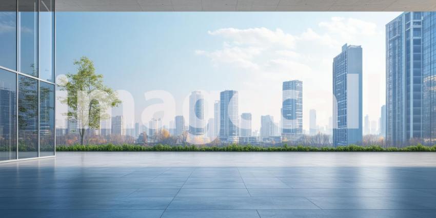 A Skyward View: A modern building offers a panoramic vista of a bustling metropolis, where towering skyscrapers pierce the horizon under a bright, blue sky