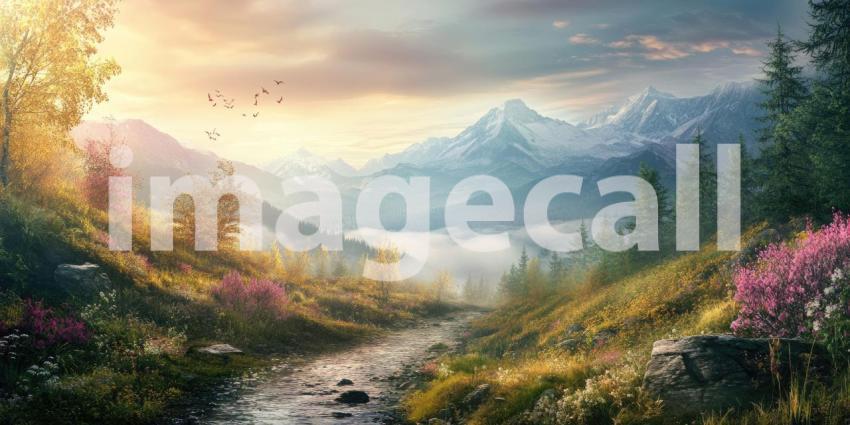 A Misty Enchantment: A winding path leads through a mystical landscape, where towering snow-capped mountains loom through a veil of mist, creating a scene of otherworldly beauty