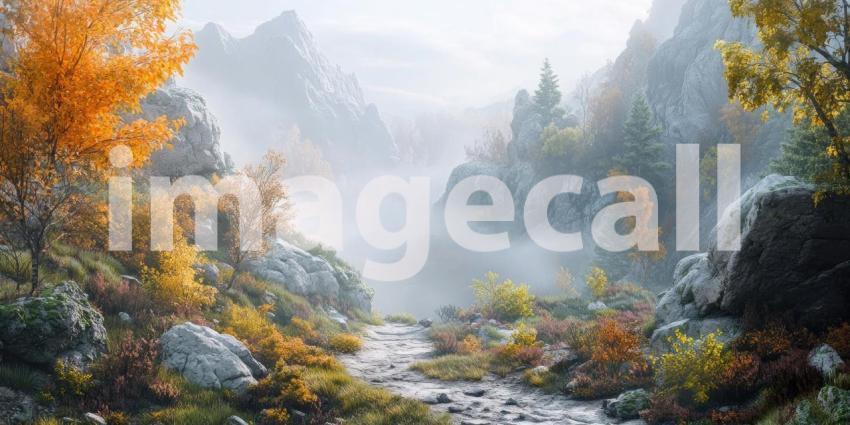 A Misty Enchantment: A winding path leads through a mystical landscape, where towering snow-capped mountains loom through a veil of mist, creating a scene of otherworldly beauty