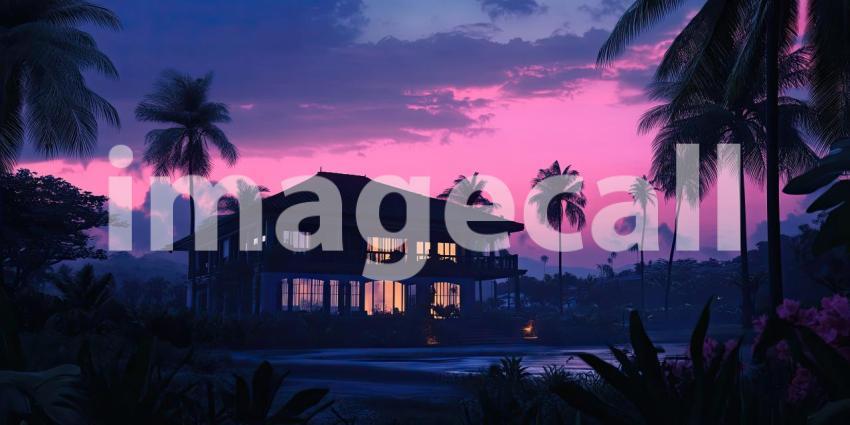 Tuscan Twilight: A charming villa, bathed in the warm glow of a setting sun, sits perched amidst a picturesque landscape, offering breathtaking views of distant mountains and a sky ablaze with color