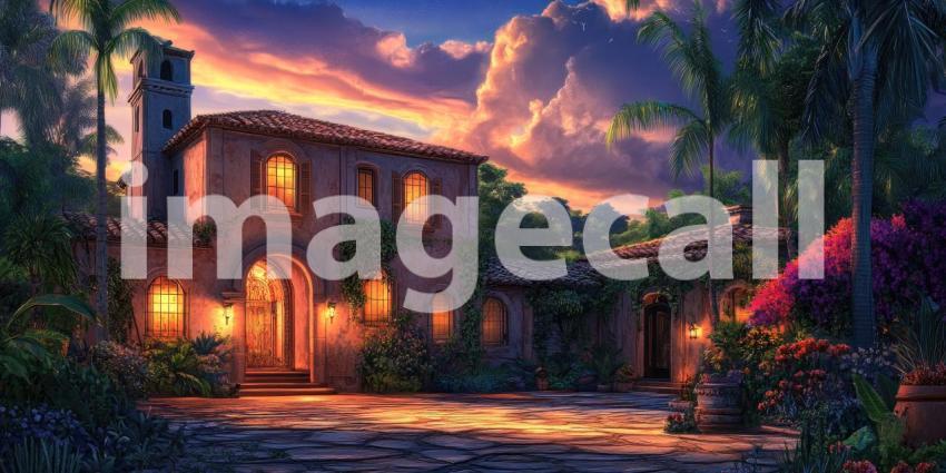 Tuscan Twilight: A charming villa, bathed in the warm glow of a setting sun, sits perched amidst a picturesque landscape, offering breathtaking views of distant mountains and a sky ablaze with color