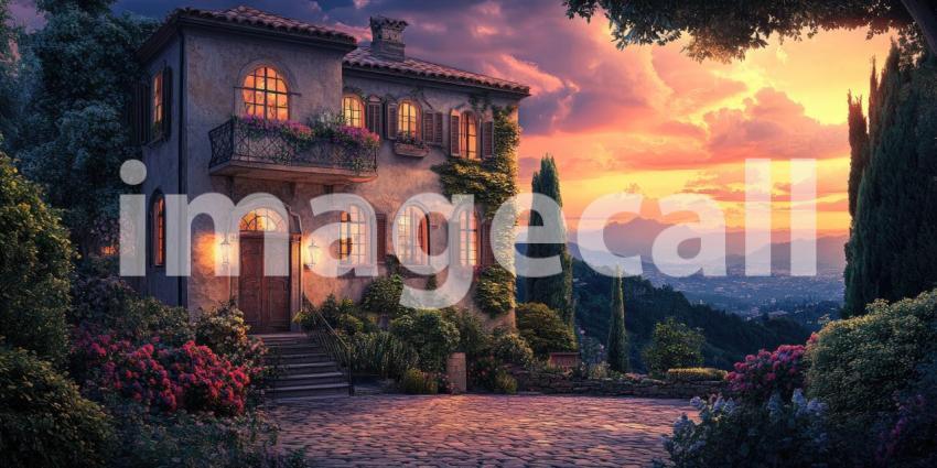 Tuscan Twilight: A charming villa, bathed in the warm glow of a setting sun, sits perched amidst a picturesque landscape, offering breathtaking views of distant mountains and a sky ablaze with color