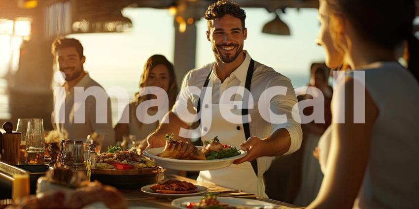 Waiter Holding tray of food items in wedding function