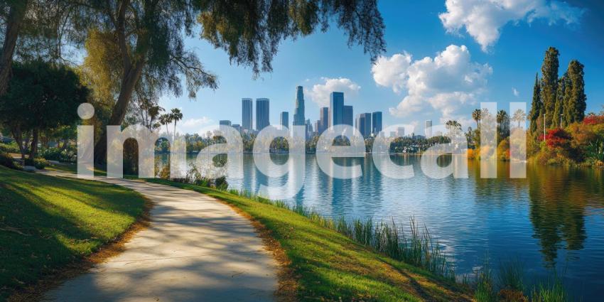 Urban Oasis: A tranquil lakeside path winds through a lush park, offering a serene escape from the bustling cityscape beyond, with the iconic Los Angeles skyline as a breathtaking backdrop